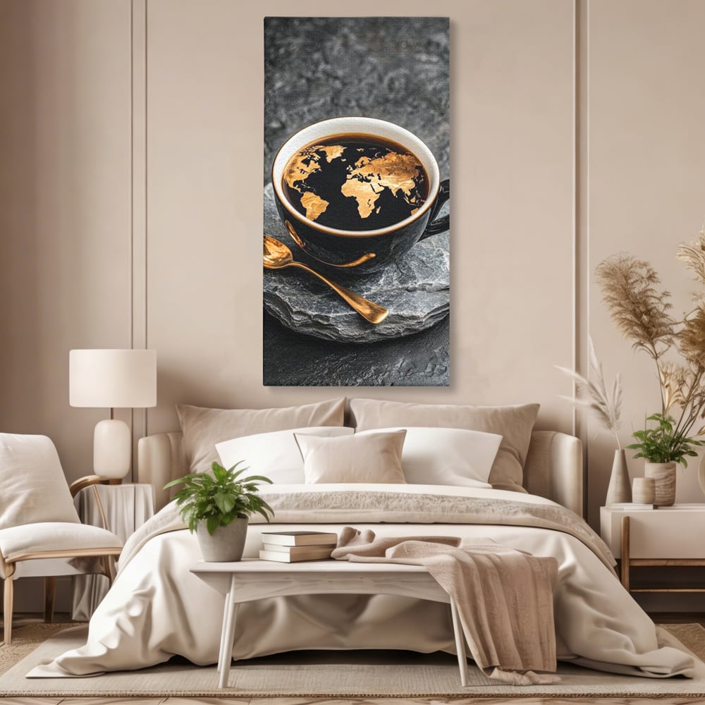 Tablou canvas cu tablou canvas cu ceasca de cafea si harta lumii, fara rama, pe sasiu de lemn, pe perete intr-un dormitor